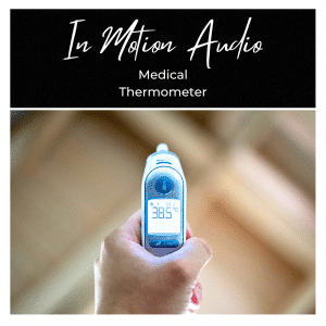 A hand holds a digital ear thermometer at 38.5°C, ideal for medical sound effects library users on Sonniss.