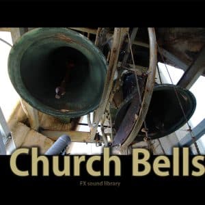 Image of two bronze church bells in a tower, promoting church bell sfx library for sound effects on Sonniss.