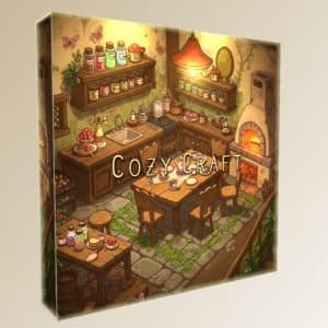 Sound effects library cover on Sonniss: "Cozy Craft" box with rustic kitchen, wooden table, jars, and brick oven illustration.