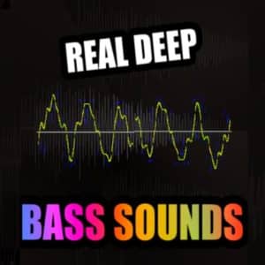 A sound wave graphic with “REAL DEEP” and colorful “BASS SOUNDS”, illustrating a bass sound effects library on Sonniss.