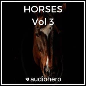A close-up of a brown horse with a white stripe, black background. "HORSES Vol 3 audiohero": horse sfx library cover on Sonniss.