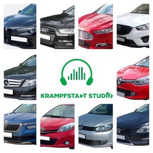 Sound effects library for car engine sfx on Sonniss: eight car fronts around Krampfstaat Studio logo with headphones.
