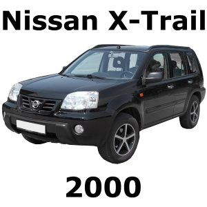 Image of a black 2000 Nissan X-Trail SUV for automotive sfx library on Sonniss, front left view with labeled make and model.