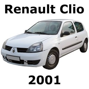Image of a 2001 Renault Clio hatchback for Sonniss car sound effects library, labeled with model and year in bold text.