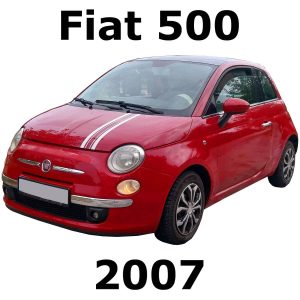 A red 2007 Fiat 500 with white racing stripes, promoting car sound effects library on Sonniss for vehicle SFX needs.
