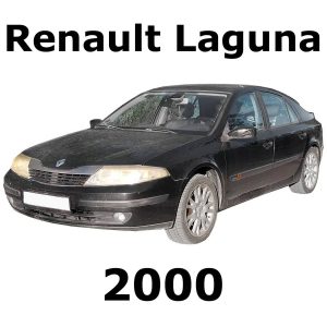 A black 2000 Renault Laguna sedan shown with large labels, illustrating car sound effects library for Sonniss users.