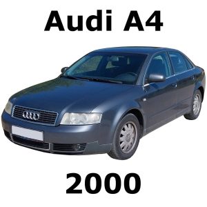Black 2000 Audi A4 sedan, front left view, with "Audi A4" and "2000" text—car sound effects library on Sonniss.