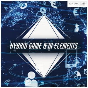 A digital graphic for a hybrid game sfx library on Sonniss, showing a pyramid, tech symbols, and currency icons on blue.