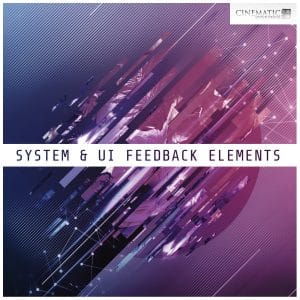 Abstract art with purple, blue lines and shapes. "SYSTEM & UI FEEDBACK ELEMENTS" shows UI sound effects library cover on Sonniss.