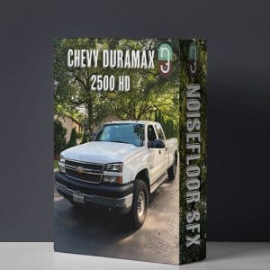 A sound effects library box for Chevy Duramax 2500 HD truck SFX, shown on Sonniss with product branding and truck image.