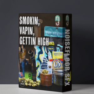 A sound effects library box on Sonniss labeled "SMOKIN, VAPIN, GETTIN HIGH" with cannabis and smoking gear visuals.