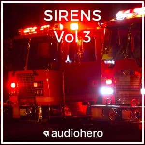 Night scene with two fire trucks, flashing lights. "SIRENS Vol 3" cover for emergency vehicle sound effects library on Sonniss.