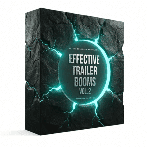 An sfx library box for “Effective Trailer Booms Vol. 2” on Sonniss, with a cracked black look and glowing teal circle.