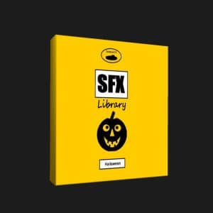 A yellow box labeled "SFX Library" with a jack-o'-lantern and "Halloween" tag, representing a Halloween sound effects library on Sonniss.