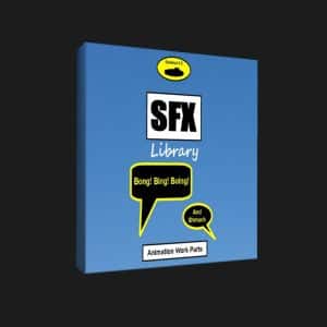 Blue box labeled "SFX Library" with cartoon sounds, subtitle "Animation Work Parts"—sound effects library on Sonniss.