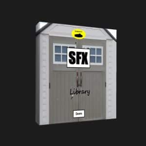 A sound effects library box labeled "SFX Library Doors" with double shed doors image and yellow "Quick SFX FX" sticker on Sonniss.