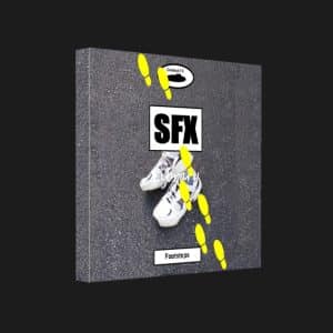 A box labeled "SFX" with sneakers and yellow footprints, showcasing a footsteps sound effects library on Sonniss.