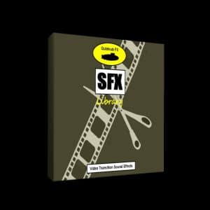 A box labeled "SFX Library" on Sonniss shows filmstrip, scissors, and "Video Transition Sound Effects" by Quietsub FX.
