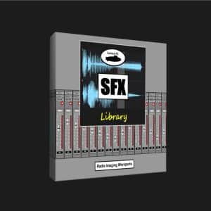 This image is of a radio imaging sound effects library on Sonniss, featuring waveforms and mixing console graphics.
