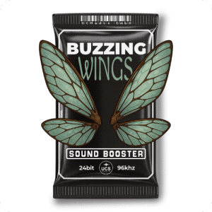A black package for "Buzzing Wings Sound Booster" sfx library on Sonniss, with green insect wings illustrated on front.