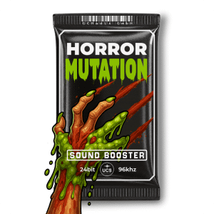 A mutated hand grabs a "Horror Mutation Sound Booster" sfx library pack on Sonniss, marked 24bit 96kHz and bloody claw marks.