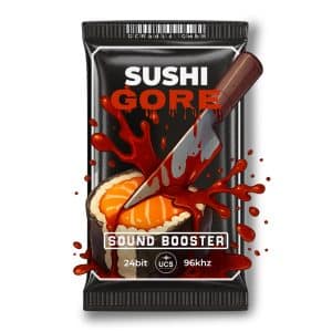 A graphic sushi roll stabbed by a knife, blood-like sauce splatters, “SUSHI GORE.” SFX library for gory food sound effects on Sonniss.