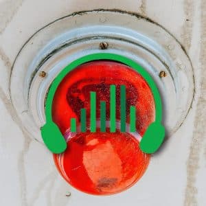 A red alarm light with a green headphones and sound bars graphic, symbolizing emergency sound effects library on Sonniss.