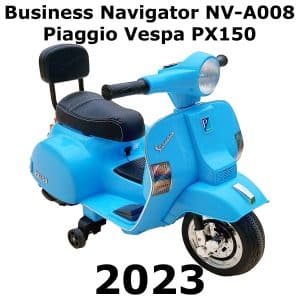 A blue Piaggio Vespa PX150 scooter, great for retro scooter sound effects library on Sonniss. "Business Navigator NV-A008" label.