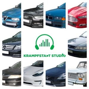 A collage of eight car fronts around the Krampfstadt Studio logo, promoting a car sound effects library on Sonniss.