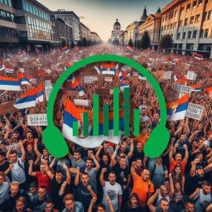 A large crowd protests with Serbian flags as a green audio icon highlights city protest sfx library use on Sonniss.