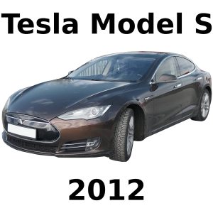 A 2012 Tesla Model S electric car in dark color representing an automotive sound effects library on Sonniss.