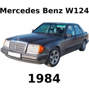 A black 1984 Mercedes Benz W124 sedan on white, ideal for vintage car sound effects library cover art on Sonniss.