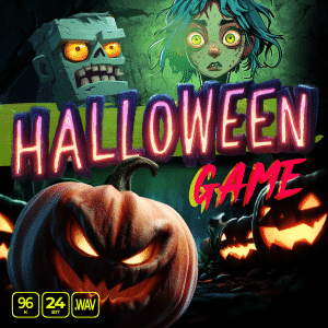 Halloween horror game sfx library poster on Sonniss with jack-o’-lantern, zombie, neon text, and green-skinned girl.