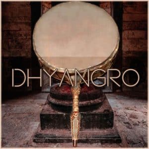 Dhyāngro drum on stone pedestal in temple, “DHYANGRO” overlaid—Nepali folk drum sfx library image on Sonniss.