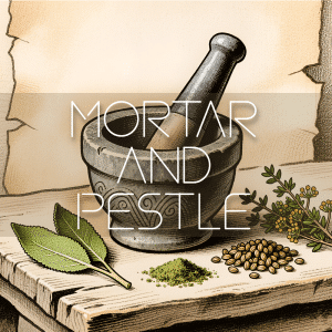 Stone mortar and pestle on wood with herbs, seeds, powder. "MORTAR AND PESTLE" text. SFX library for grinding sound effects on Sonniss.