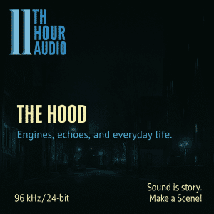 A sound effects library cover on Sonniss: "11th Hour Audio: The Hood" with 96 kHz/24-bit, city street at night.