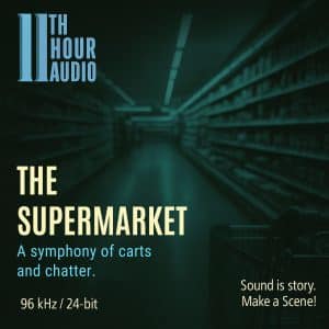 A dimly lit supermarket aisle with a shopping cart; promo text overlays for a supermarket sound effects library on Sonniss.
