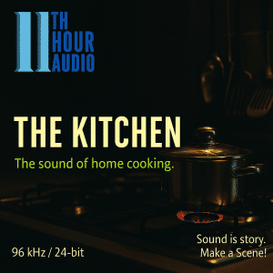 A pot on a stove in a dim kitchen. Kitchen cooking sfx library on Sonniss for realistic home kitchen ambience sounds.