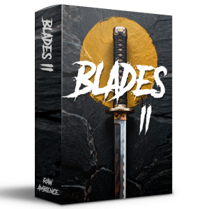 Blades II sound effects library cover: katana sword, gold circle, dark background—martial arts sfx library on Sonniss.