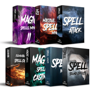 A SFX library for fantasy spells on Sonniss: 8 boxed sets featuring magic sound effects with vivid smoke and flame designs.