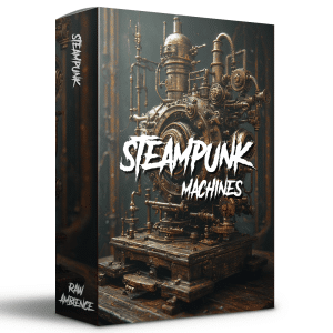 A box with steampunk machine art and "Steampunk Machines" text, featuring a sound effects library cover on Sonniss.