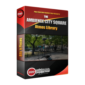 SFX library "Ambience – City Square" box on Sonniss, with city square recording gear amid trees for ambient sound effects.