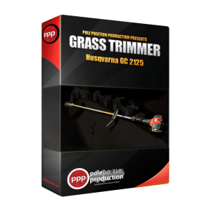 A product box for a Grass Trimmer sound effects library on Sonniss, featuring trimmer art and logos on a black/red design.
