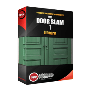 A sound effects library box "The Door Slam Library 1" with green double doors, Pole Position Production logo on Sonniss.