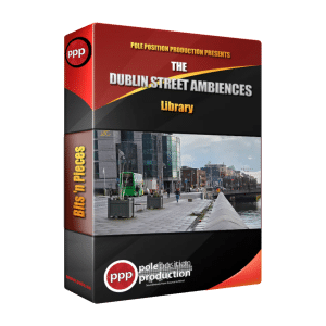 A box labeled "The Dublin Street Ambiences Library" showcasing an urban river scene, for ambient sound effects library on Sonniss.