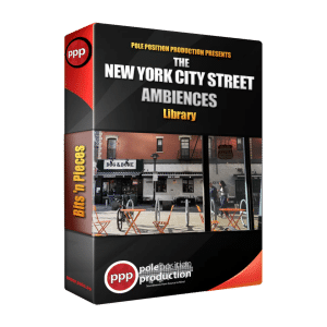 Image of a New York City street ambiences sound effects library box on Sonniss with café and outdoor seating photo.