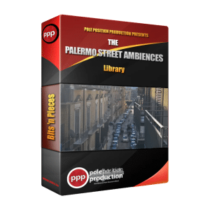A product box for "The Palermo Street Ambiences Library" sfx library on Sonniss, featuring a vibrant Palermo city street scene.