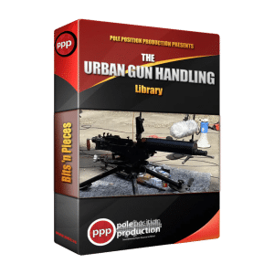 A product box for "The Urban Gun Handling Library" sfx library, showing a mounted firearm and recording gear on Sonniss.