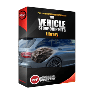 A sound effects library box on Sonniss for "Vehicle Stone Chip Hits" shows a car’s rear struck by a flying rock.