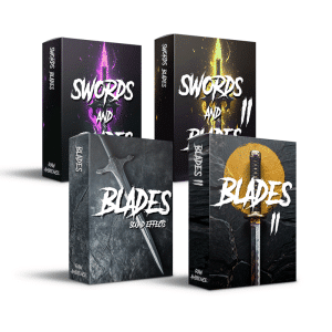 Swords and Blades sound effects library on Sonniss—audio sfx packs for sword, blade, and weapon sounds displayed on boxes.